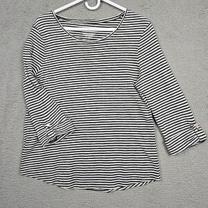 Chicos Sweater Womens L White/Black/Silver Striped Lightweight Shirt Tор